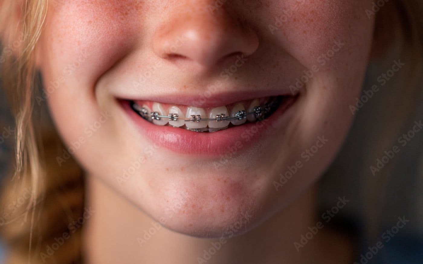 Sonrisa con brackets en primer plano